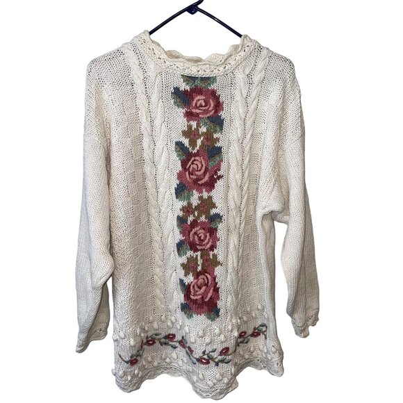 Arendine Women's Rose Pattern Knit Sweater Size L 55% Ramie 45% Cotton White - Picture 1 of 6